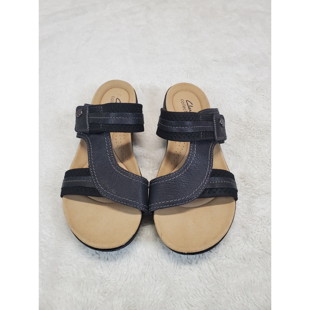 Clarks Black Leather Tan Casual Slides Sandals 8 Summer Classic Everyday Slip On
